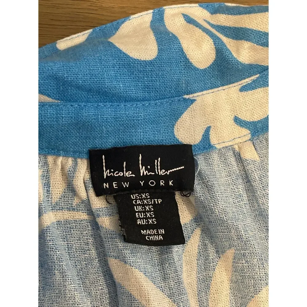 Nicole Miller Linen‑Blend Blue Floral Button‑Front Dress Size XS Loose Fit